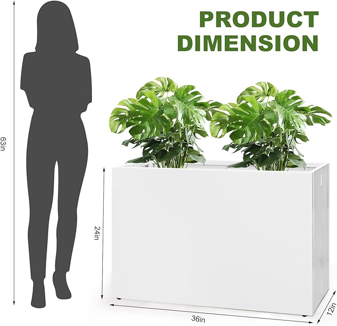 Galvanized Steel Planter Box-No Installation Required Metal Rectangular Block Long Box Planter Modern Outdoor Planters All-Weather Use with Drainage Holes for Patio/Porch, 36×24×12IN(White)