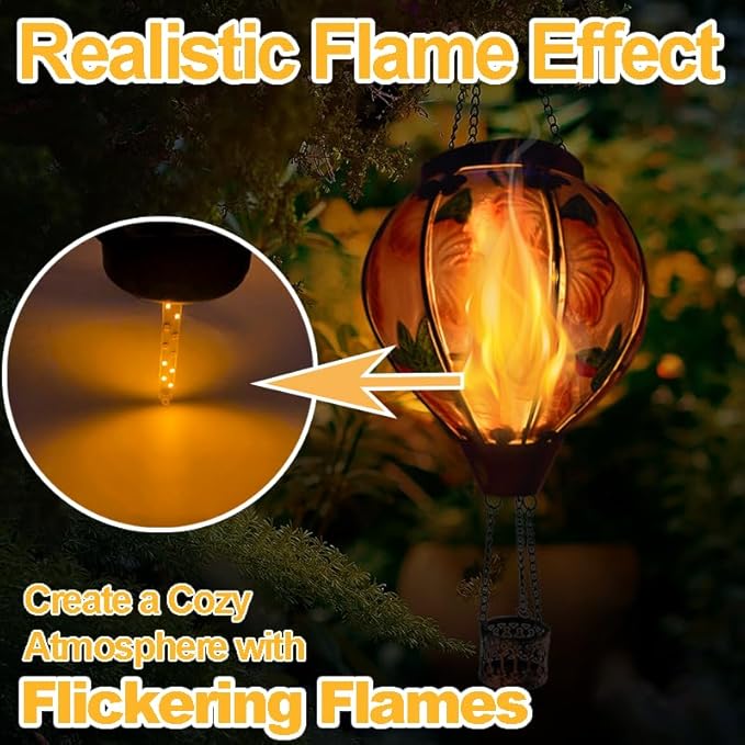 2PCS Solar Hot Air Balloon Flickering Flame Hanging Garden Light with Shepherd's Hooks, Waterproof Glass Outdoor Lantern for Yard Patio, Mother's Day Gift, 18" H Hummingbird & Flower