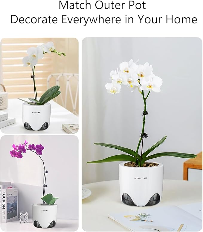 4 inch Orchid Pot with Holes for Repotting, Double Layer Plastic Imitate Ceramic Planter, Clear Orchid Pot Match Decorative Container