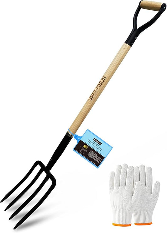 Garden Fork,4-Tine Pitchfork,Spading Digging Fork,Forged Steel Y-Grip, Wood Handle,45Inch