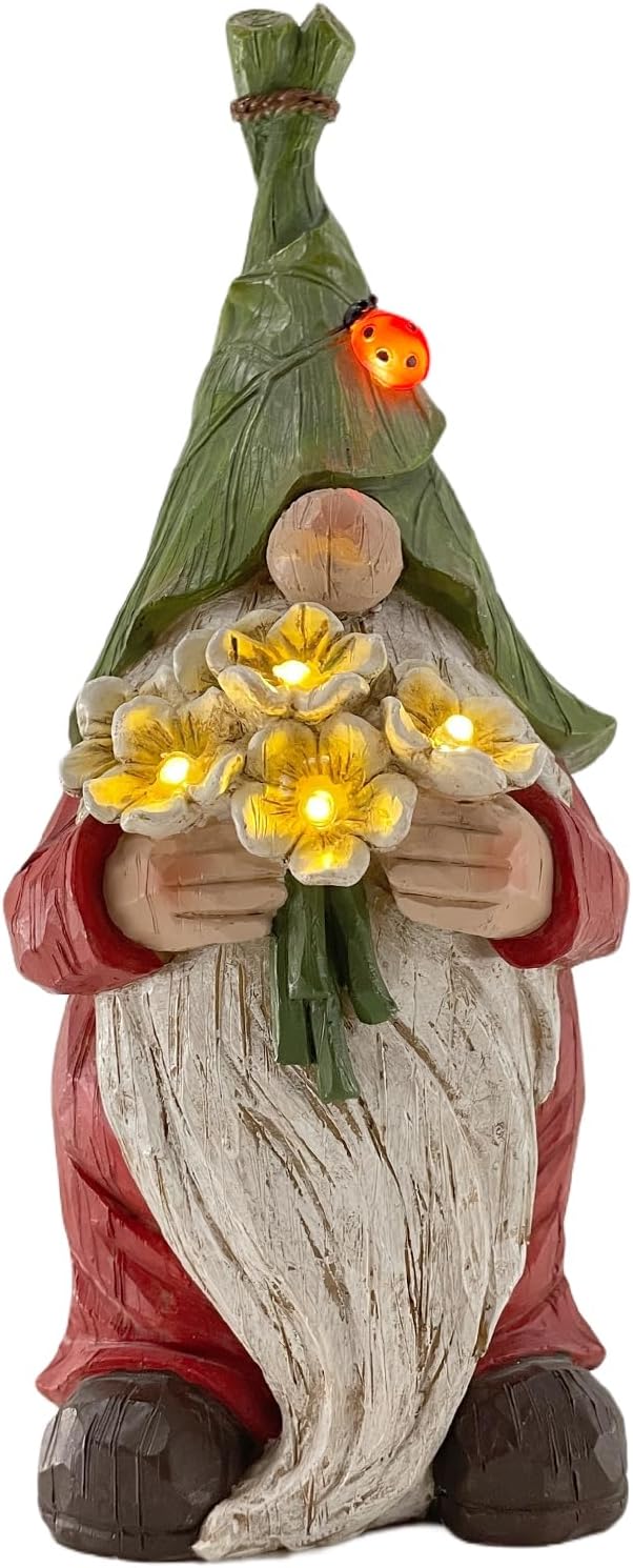 Garden Gnome Statue Outdoor Decor, Solar Garden Gnome Figurine Light, Resin Garden Statues Sculpture for Patio Yard Lawn Outdoor Garden Decorations