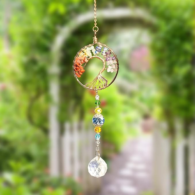 3pcs Tree of Life Chakra Crystal Suncatcher Windows Hanging Gloden Sun Catchers Decor with Prisms for Car, Feng Shui House Warming Gift for Home