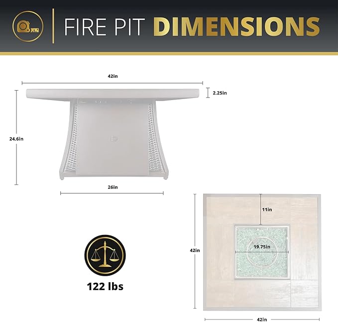 42" Outdoor Fire Pit Table for Patio, Propane Fire Pit Coffee Table with Square Base Patio Heater, CSA Certified, 50,000 BTU Stainless Steel Burner