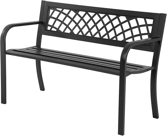 Garden Bench,Outdoor Benches,Iron Steel Frame Patio Bench with Mesh Pattern and Plastic Backrest Armrests for Lawn Yard Porch Work Entryway,Black