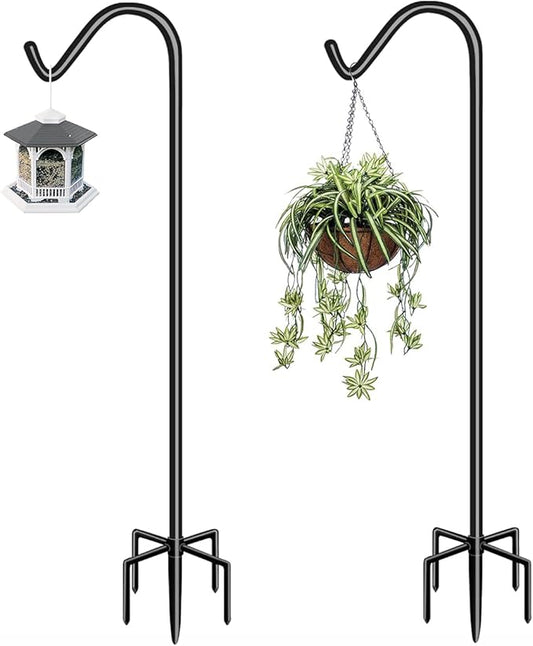 Garbuildman 60 Inch Tall Shepherd Hooks with 5-Forked Base, Adjustable Heavy Duty Bird Feeder Pole Stand Hanger for Outdoor, Shiny Black, 2 Pack