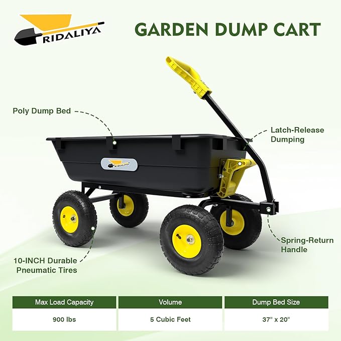 Garden Dump Cart, Heavy-Duty Utility Wagon with 900 lb Capacity, 5 Cu Ft Bed, 10" Pneumatic Tires, 180° Pivot Steering for Yard, Lawn, and Beach Use
