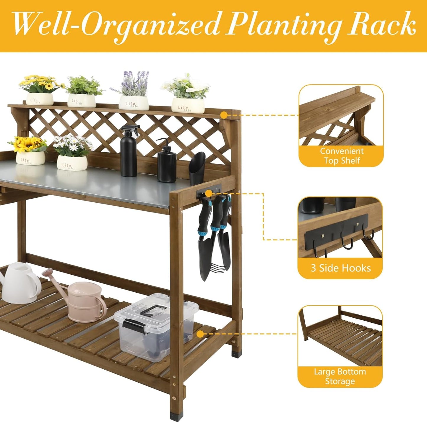 Garden Potting Bench with Metal Tabletop,Outdoor Potting Table Workstation Benches with Drawer/Storage Shelf,Fir Wood Potting Station Work Table with Open Shelf,Lattice Back (Brown)