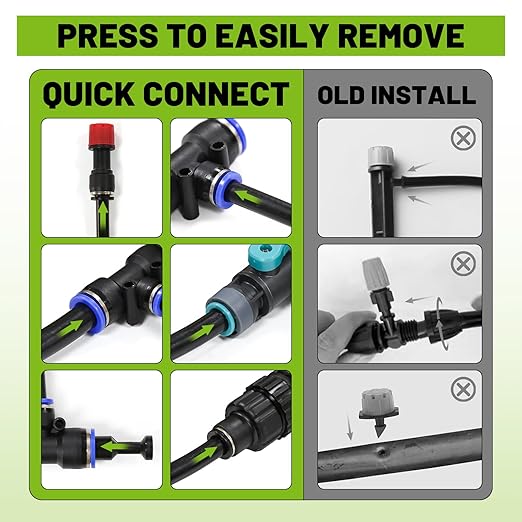 Garden Drip Irrigation Kit, 100ft Black Hose, 360° Pure Copper Closeable Nozzle, Patio Misting Plant Watering Sprinkler, Faucet Separator, Sprinkler Hose Adapter (28 360° nozzles + 28 T-connectors)