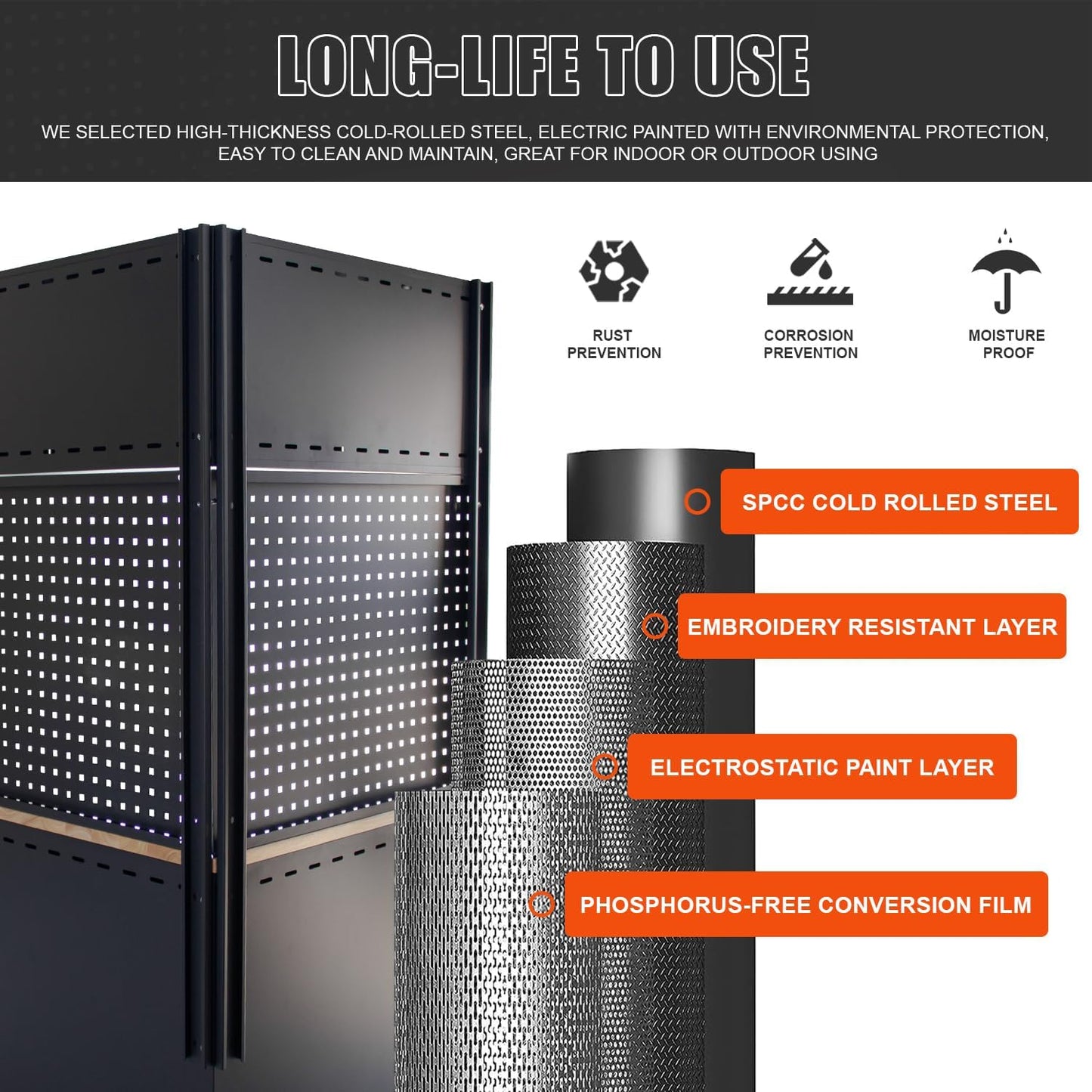 Garage Storage Cabinet System - 8-Piece Set with Corner Cabinet, Drawers, Workbench, Pegboard for Tool Organization - Black and Grey