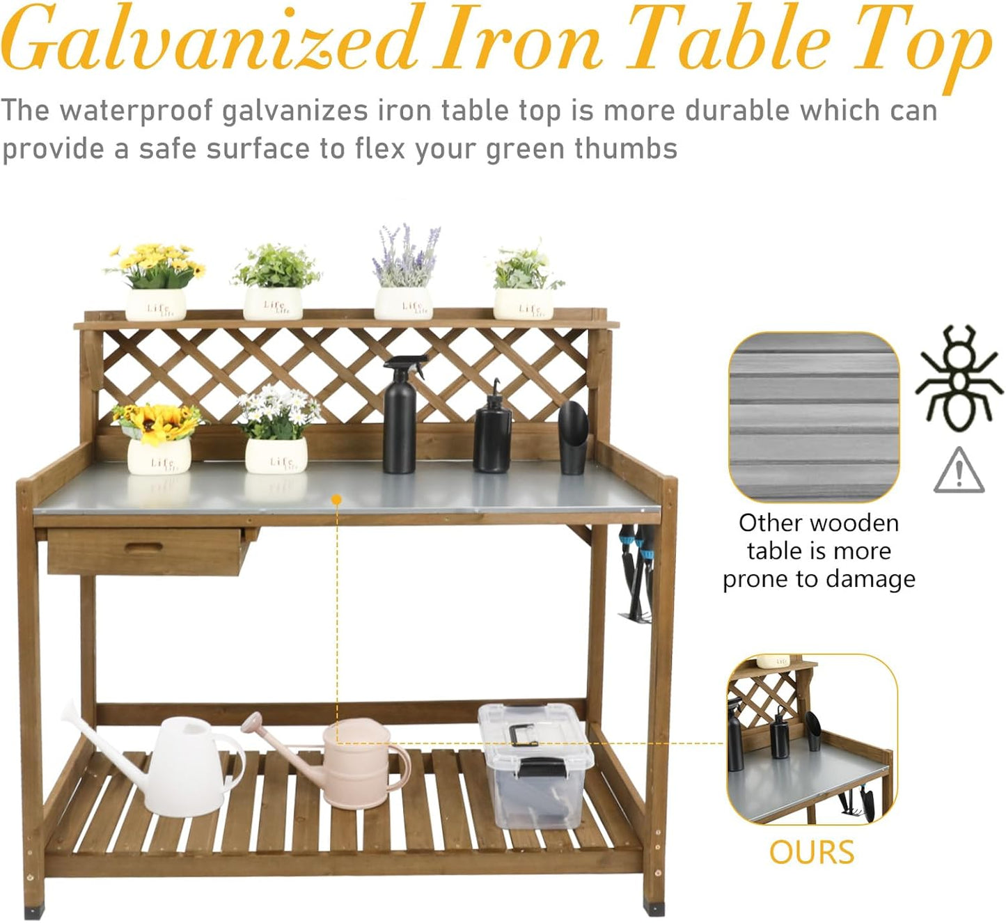 Garden Potting Bench with Metal Tabletop,Outdoor Potting Table Workstation Benches with Drawer/Storage Shelf,Fir Wood Potting Station Work Table with Open Shelf,Lattice Back (Brown)