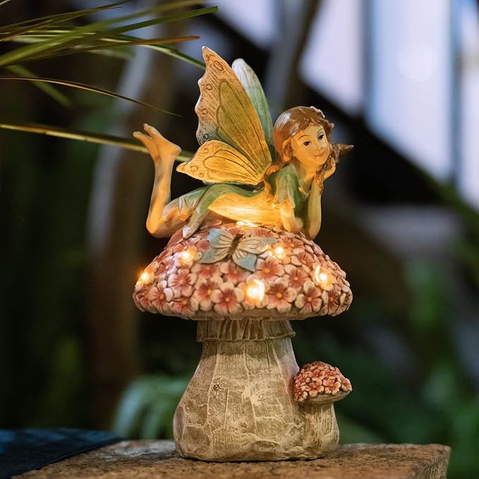 Garden Fairy Decor for Outside, Fairy Garden,Flower Fairy Outdoor Statue,Solar Powered Resin Ornaments,Patio Lawn Yard Porch, Garden Fairy Figurines for Home Garden Gifts,8.66inches Tall