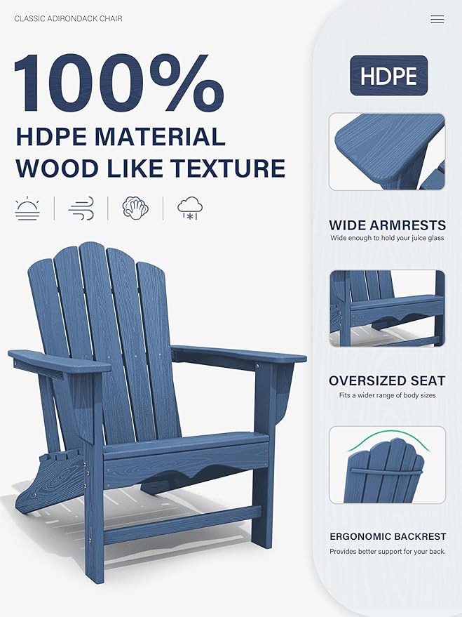 KINGYES HDPE Adirondack Chair, Classic All-Weather Adirondack Chairs Set of 4, Outdoor Patio Adirondack Chair for Deck Lawn fire Pit, Navy