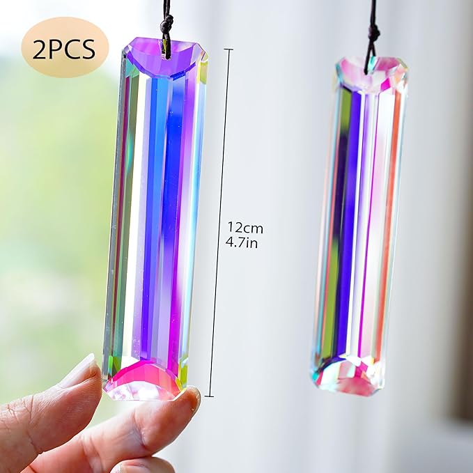 HDCRYSTALGIFTS 2pcs 120mm/5'' Large Crystal Sun Catcher Prisms Hanging for Window,AB Crystals for Suncatchers,Rainbow Maker Rectangle Crystal Stick Prisms for Balcony,Kitchen,Garden Decoration