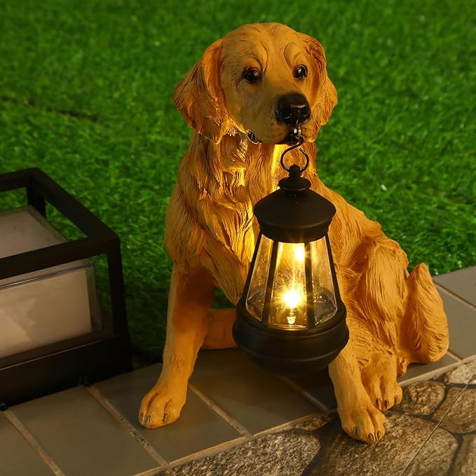 Garden Dog Statues Outdoor Decor, Resin Solar Lights Outdoor Statue Led Garden Decorations Windproof Lamp Lawn Ornaments Front Yard Decorations Outdoor for Porch Home Patio(Golden Retriever)