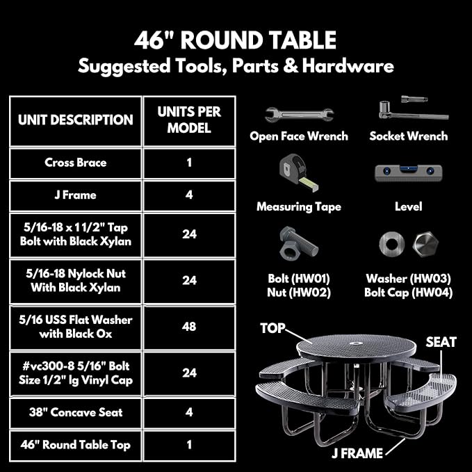 Heavy-Duty Portable Outdoor Picnic Table with Umbrella Hole, Punched Steel Commercial-Grade Patio Furniture Made in America (46" Round Top, Orange with Orange Frames)