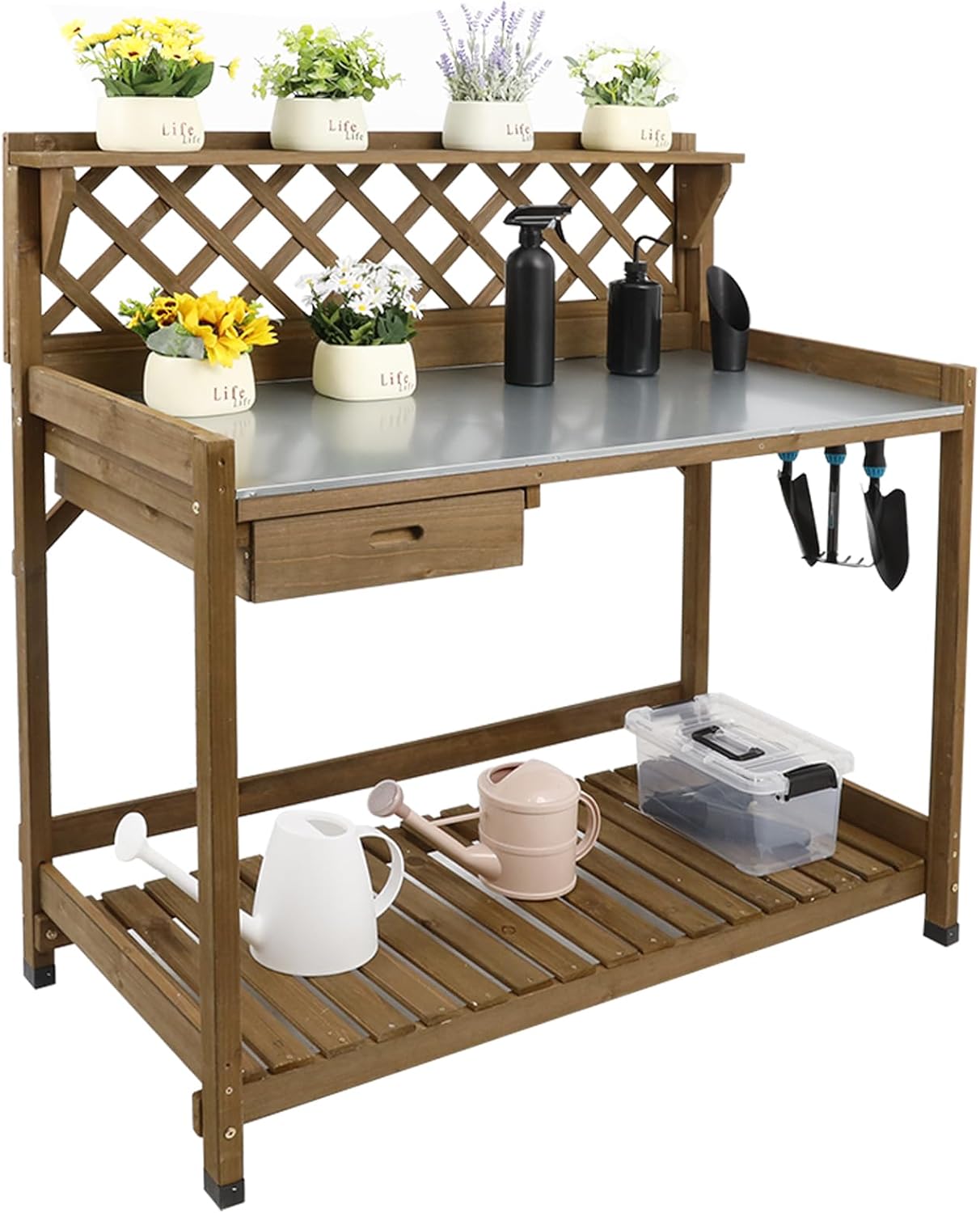Garden Potting Bench with Metal Tabletop,Outdoor Potting Table Workstation Benches with Drawer/Storage Shelf,Fir Wood Potting Station Work Table with Open Shelf,Lattice Back (Brown)