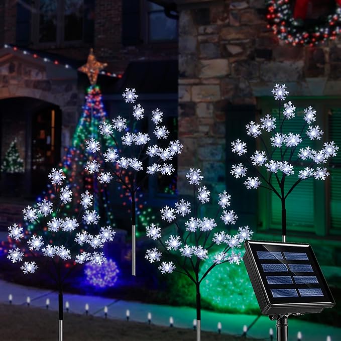 4-Pack 80LED Solar Snowflake Stake Lights - 8 Modes, Waterproof Outdoor Christmas Decorations for Garden, Yard, Pathway, Walkway