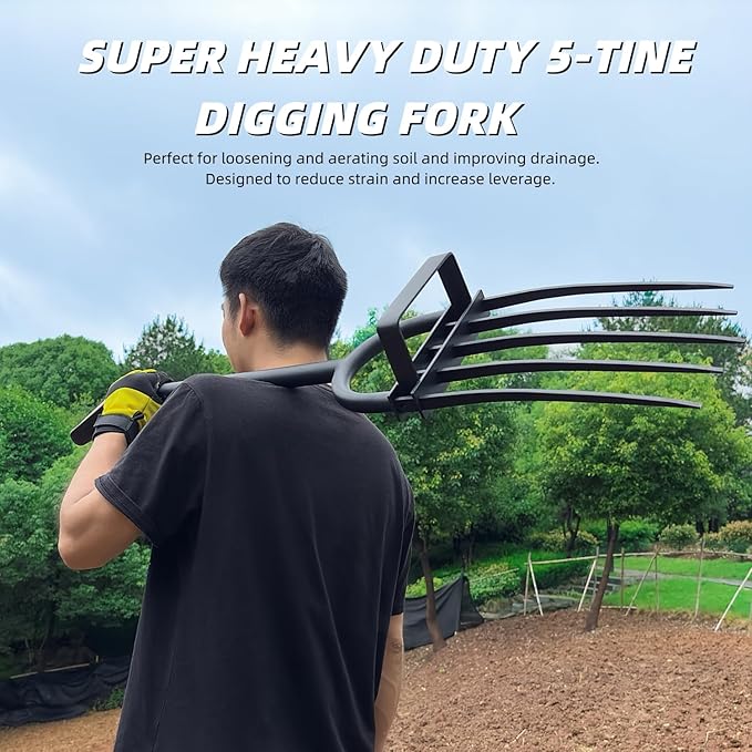 Garden Fork, Pitchforks for Digging Composting Spading, Long Hand Tiller & Cultivator - 5 Tine, 45 inches