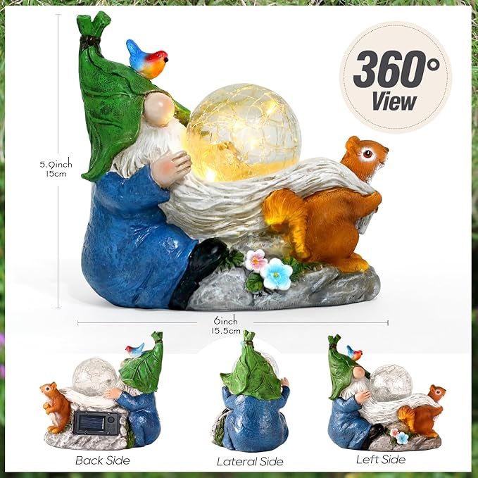 Garden Gnomes Statue Outdoor Decor,Solar Gnome Statue for Outside -Resin Blue Gnome Yard Art Gifts for Mom,Grandmam Birthday Gift