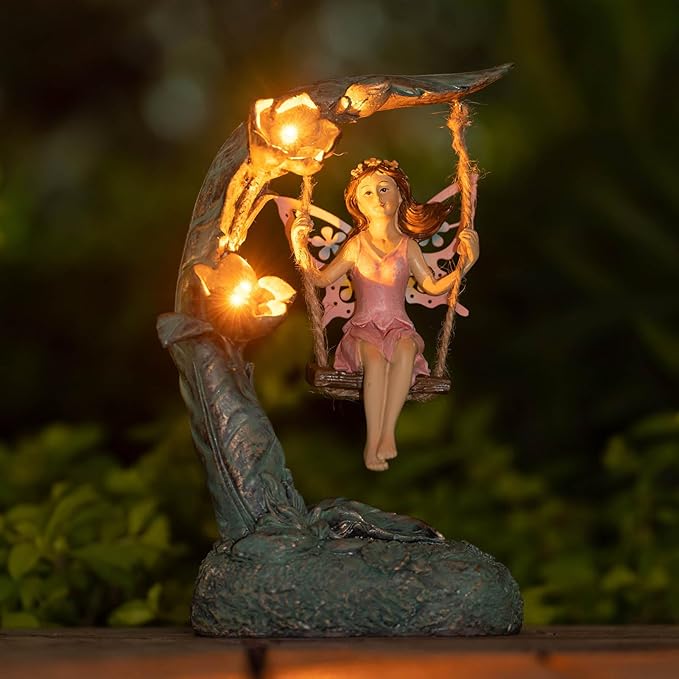 Garden Flower Fairy Outdoor Statue, Patio Lawn Yard Porch Decor, Funny Swing Ornaments, 9.05 Inches Tall