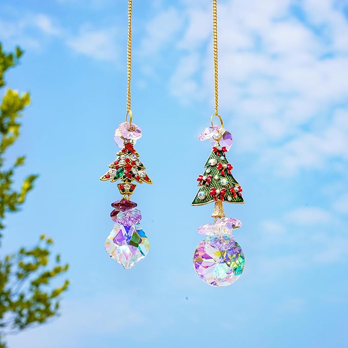 2PCS Rhinestones Christmas Tree Ornaments Suncatcher Prisms Hang for Tree Window Christmas Eve Party