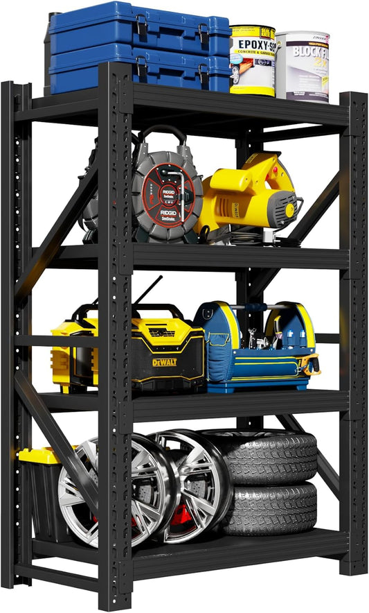 Garage Shelving Unit, 4 Tier Heavy Duty Racks, Easy Assembly, Metal Racks with Adjustable Shelves, 3000 LBS Load Capacity,for Warehouse,Basement (Black, 19.7" D x 31.5" W x 63" H)