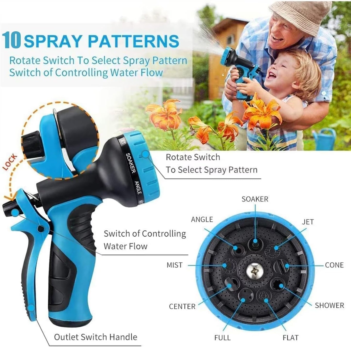 Garden Hose 50 ft -Heavy Duty Water Hoses - Flexible&Lightweight Car Washing Pipe with Strain Reliefs,Kink-free Rubber Hoses with Spray