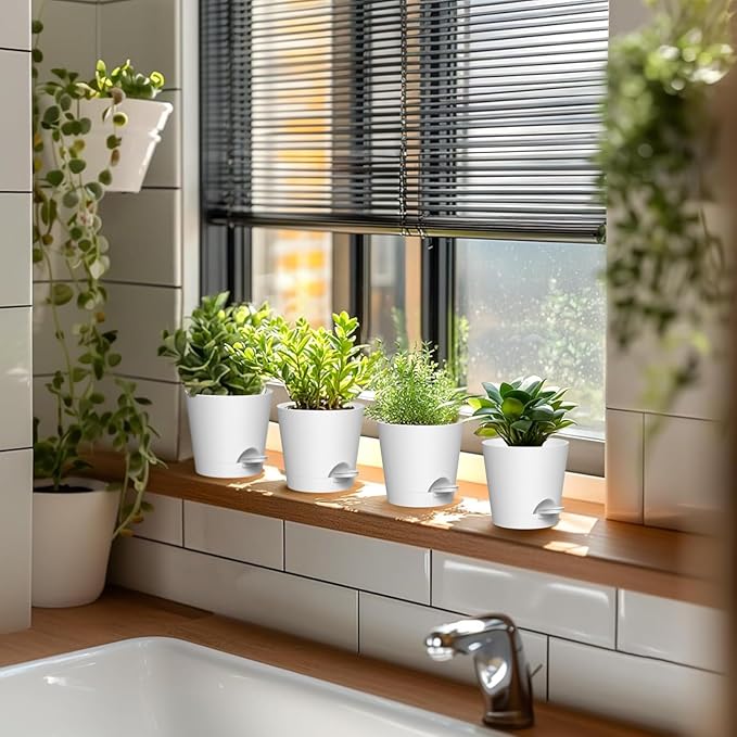 4 inch Self Watering Pots for Indoor Outdoor Plants, 6 Pack Plastic Flower Planters with Drainage Holes and Removable Saucers, Plant Pots with Wicking Rope, Modern Decor, White