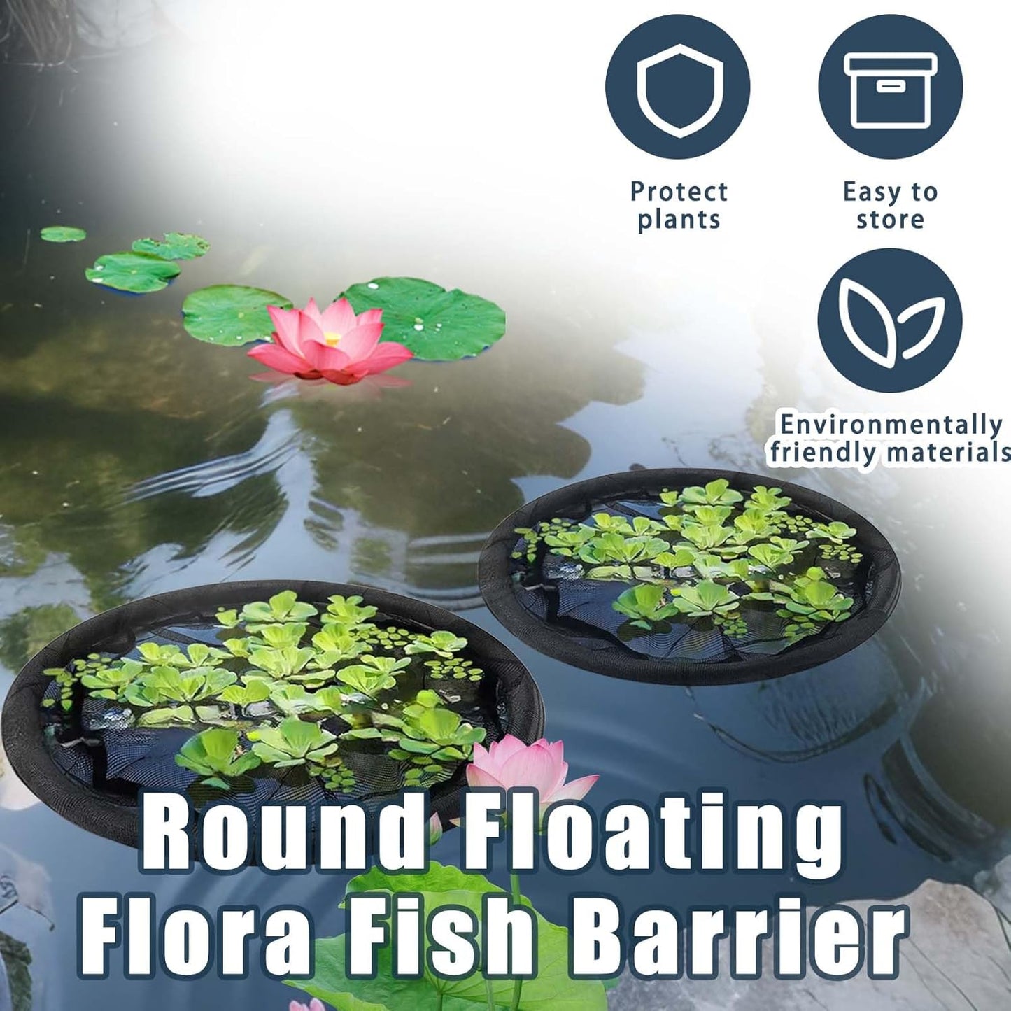 2Pack Round Floating Flora Fish Barrier-17.7Inch Black Pond Plant Protector, Floating Island/Planter Pond,UV Resistant Net to Shield Floating Plant(Lotus/Water Lilies)from Koi, with Waterproof Gloves