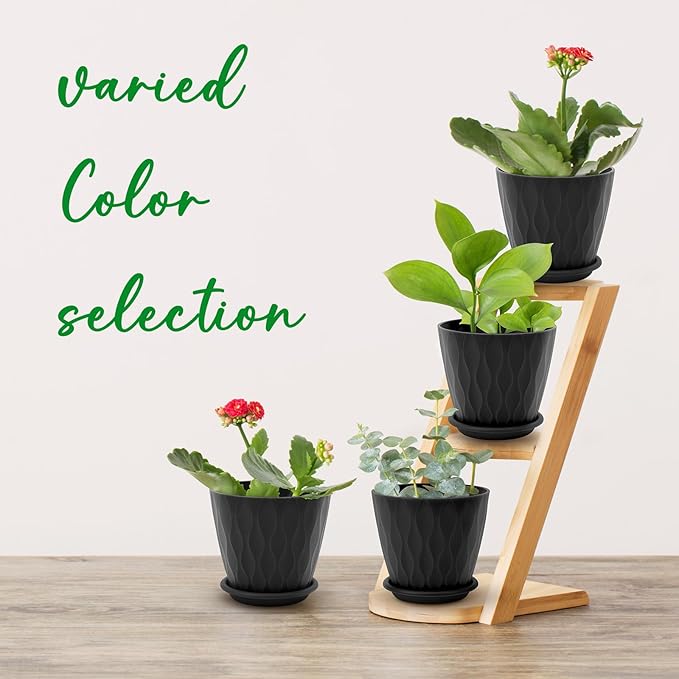 4 inch Plant Pots, 5 Pack Flower Pots Outdoor Indoor, Planters with Drainage Holes and Tray Saucers(Black)