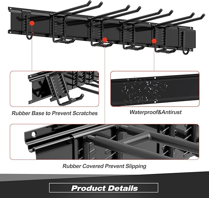 Garage Tool Storage Rack, Heavy Duty Garage Storage Organizer Rack System Wall Mounted Tool with 6 double hooks, 2 rails, Garden Yard Tools Hanger Rack for Ski Gears, Broom, Rake,Shovel