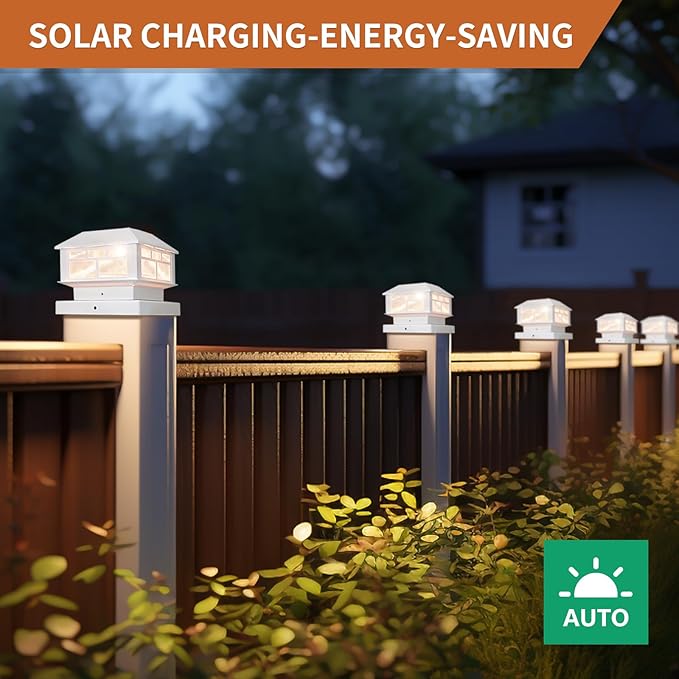 4 Packs Solar Post Cap Lights White Fence Deck Post Light Solar Powered Fit 3.5x3.5 4x4 5x5 Wooden Posts Outdoor Waterproof