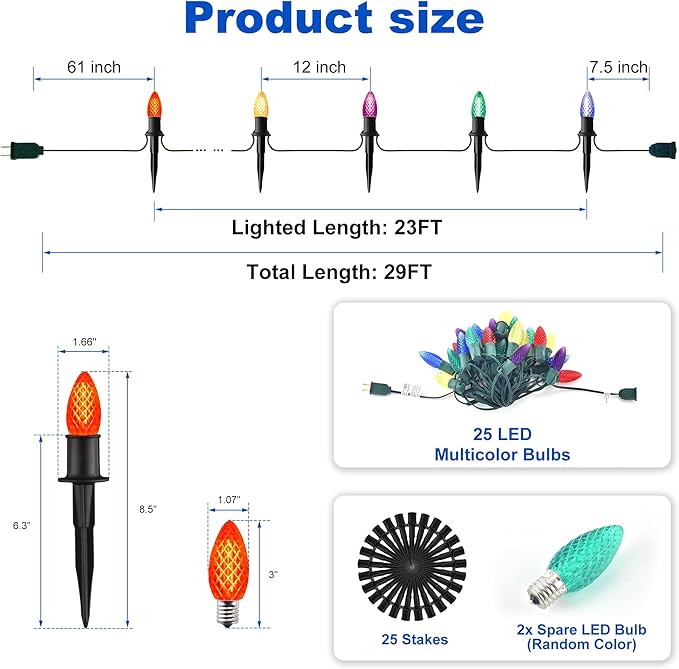J-HVA ๐๐๐ฟ C9 Strawberry Christmas Pathway Lights - 29ft Christmas Multicolor String Lights Outdoor Waterproof Walkway Lights with 25 Marker Stakes for Xmas Tree Yard Garden Decoration (25 Lights)