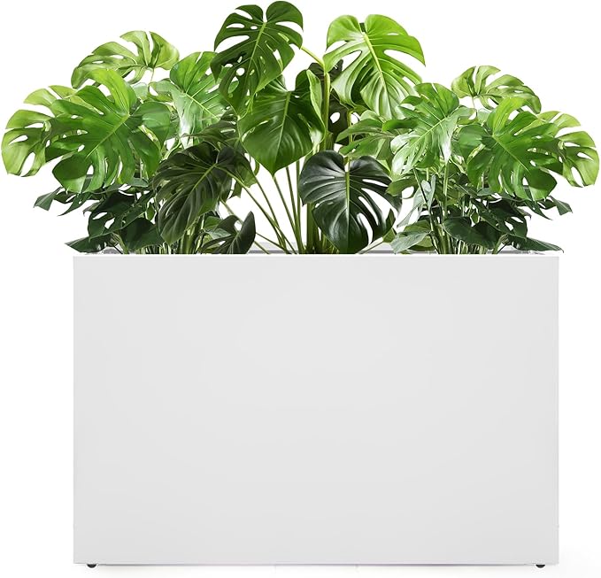 Galvanized Steel Planter Box-No Installation Required Metal Rectangular Block Long Box Planter Modern Outdoor Planters All-Weather Use with Drainage Holes for Patio/Porch, 36×24×12IN(White)