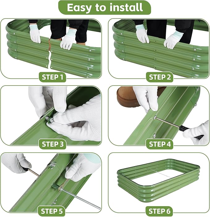 4-in-1 Modular Raised Garden Bed Kit - Adjustable Sizes (5x3x1ft, 4x4x1ft, 6x2x1ft, 7x1x1ft) - Heavy Duty Galvanized Steel Planter Box with Bracing Rods & Gloves for Vegetables, Fruits