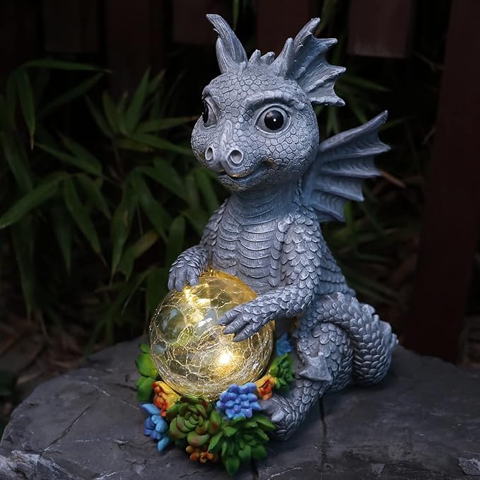 Garden Dragon Statue Outdoor Decor, Large Dragon Figurine with Solar Crackle Globe Light Yard Art Decoration Resin Ornament for Indoor Home Outdoor Patio Lawn Gift