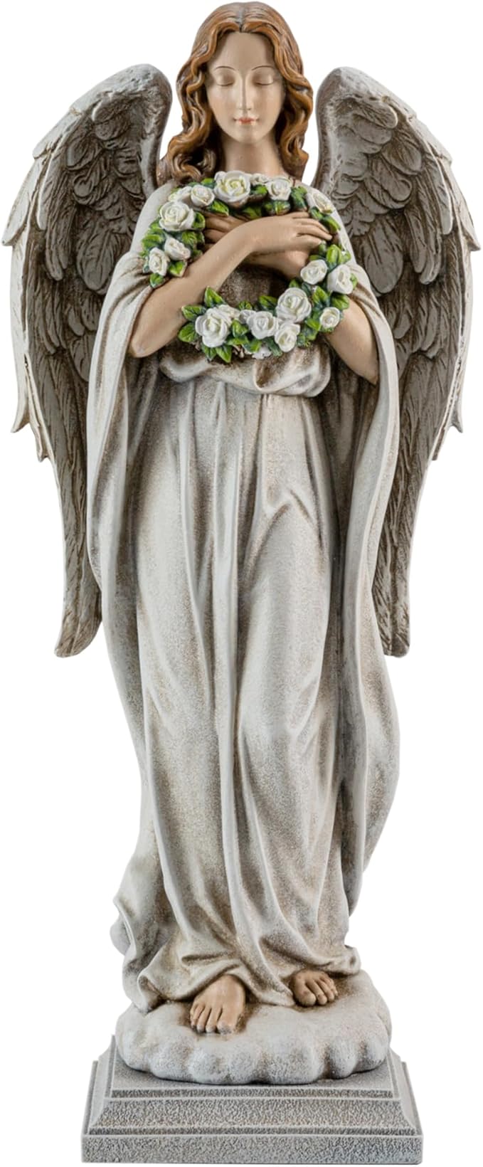 Garden Angel with Flower Wreath Statue - 16" Outdoor Memorial Angel Decor