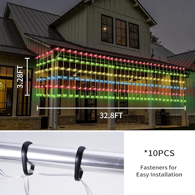 32.8 * 3.28FT Large Size Solar Curtain Lights Outdoor, 8 Modes Icicle Lights, Solar Garden Christmas Decortions for Patio, Gazebo, Eaves, Fence, Tree, Porch (Multicolor)