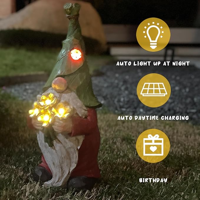 Garden Gnome Statue Outdoor Decor, Solar Garden Gnome Figurine Light, Resin Garden Statues Sculpture for Patio Yard Lawn Outdoor Garden Decorations