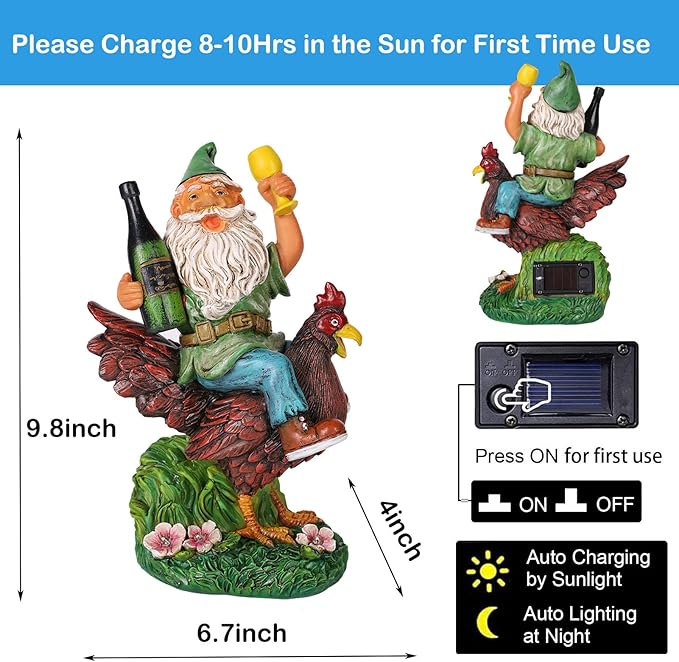 Garden Gnomes Statue Outdoor Decor,Funny Gnome Riding Rooster Sculptures Art Decor, Ideal Decoration for Yard Balcony Patio Lawn Home House - Birthday Gifts