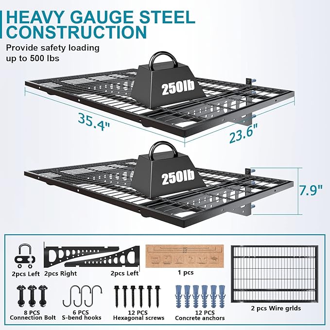 2-Pack 2Γ3ft Garage Wall Shelving, 24Γ36 inches Heavy Duty Wall Mounted Shelves, Garage Storage Shelf, 500 lbs Load Capacity, Black