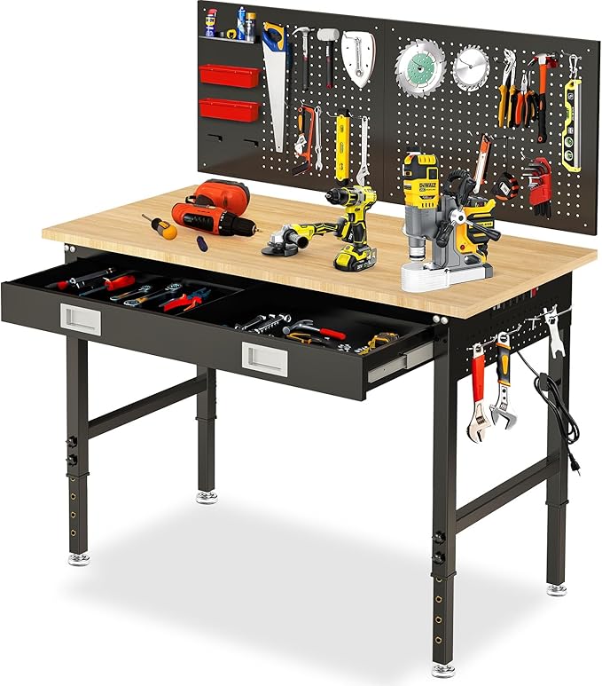48" Workbench with Drawers, Adjustable Height Work Bench 2000 LBS Heavy-Duty Work Table Rubber Wood Work Station with Power Outlet & Pegboard for Garage, Office, Workshop, Home, Party Shop