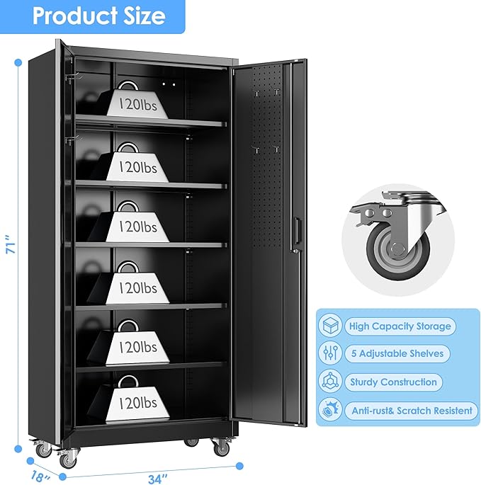 Garage Storage Cabinet with Wheels & Pegboard, 71" H×34" W×18" D Locking Metal Storage Cabinet with 2 Doors and 5 Adjustable Shelves for Garage Workshop Home, Black, Assembly Required