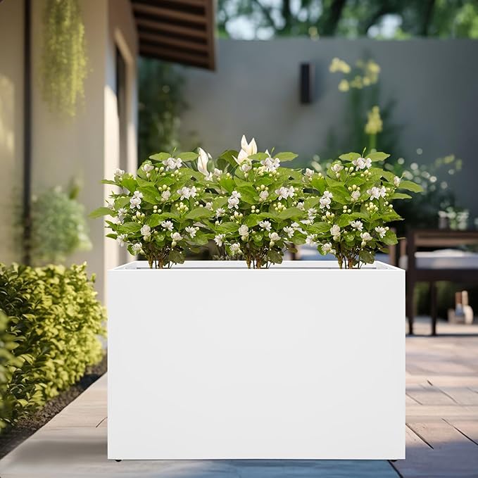 Galvanized Steel Planter Box-No Installation Required Metal Rectangular Block Long Box Planter Modern Outdoor Planters All-Weather Use with Drainage Holes for Patio/Porch, 36×24×12IN(White)