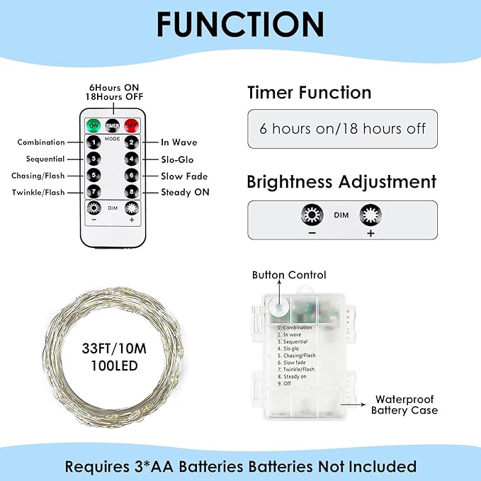 3Pack 99Ft 300LED Fairy Lights Battery Operated with Remote, Waterproof String Lights with Timer for Indoor & Outdoor, Twinkle Lights Battery Powered for Bedroom Wedding Christmas Decor (Cool White)