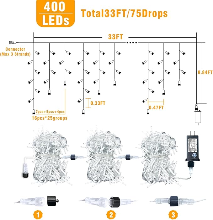 33ft Icicle Lights for Outside, Red and White Christmas Lights Outdoor Indoor, 400 LED Twinkle String Light with 75 Drops Short Curtain Light for Thanksgiving Room Home Wall Bedroom Window Decoration