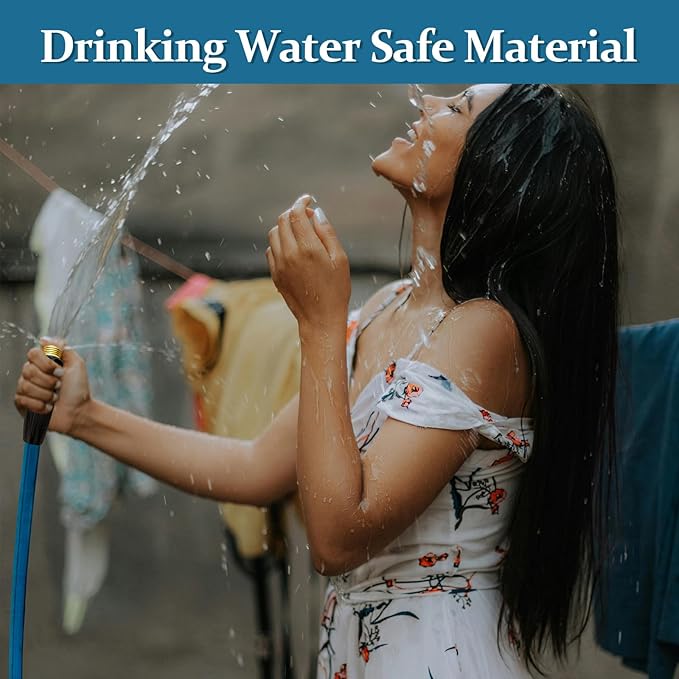 Garden Hose 50ft, Made of TPE(Not PVC), Ultra-Light & Flexible Water Hose with Solid Brass Fittings, Non-Shrinking, Easy to Storage, Drinking Water Safe Material, All-weather, SeaBlue