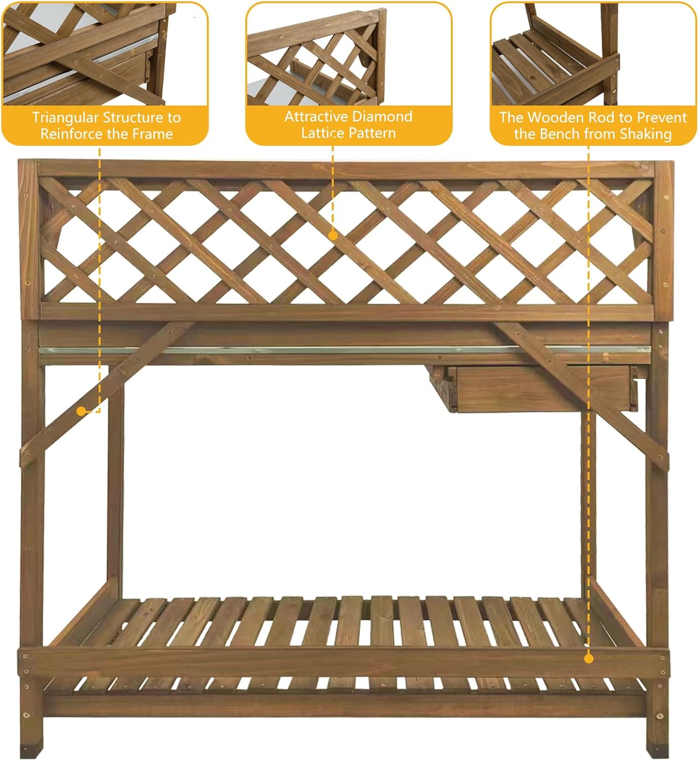 Garden Potting Bench with Metal Tabletop,Outdoor Potting Table Workstation Benches with Drawer/Storage Shelf,Fir Wood Potting Station Work Table with Open Shelf,Lattice Back (Brown)