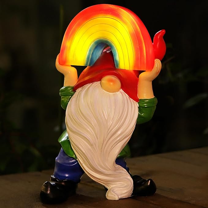 Garden Gnome Statue with Rainbow Solar Lights Large Garden Sculptures Outdoor Decorations Patio Lawn Yard Garden Decor Gifts for Women Mom
