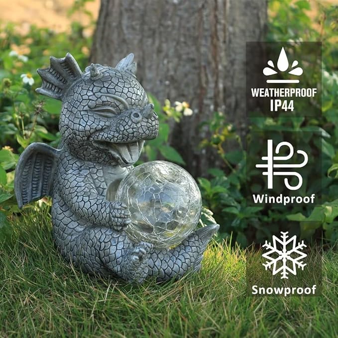 Garden Dragon Statue Outdoor Decor, Baby Resin Figurine Holding Magic Orb With Solar LED Lights, 7.1" for Patio, Lawn & Yard, Summer Gift for Mom